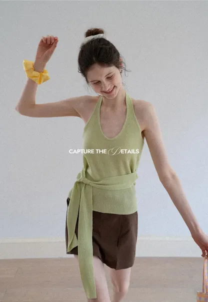 Knit Halter Top with Waist Tie