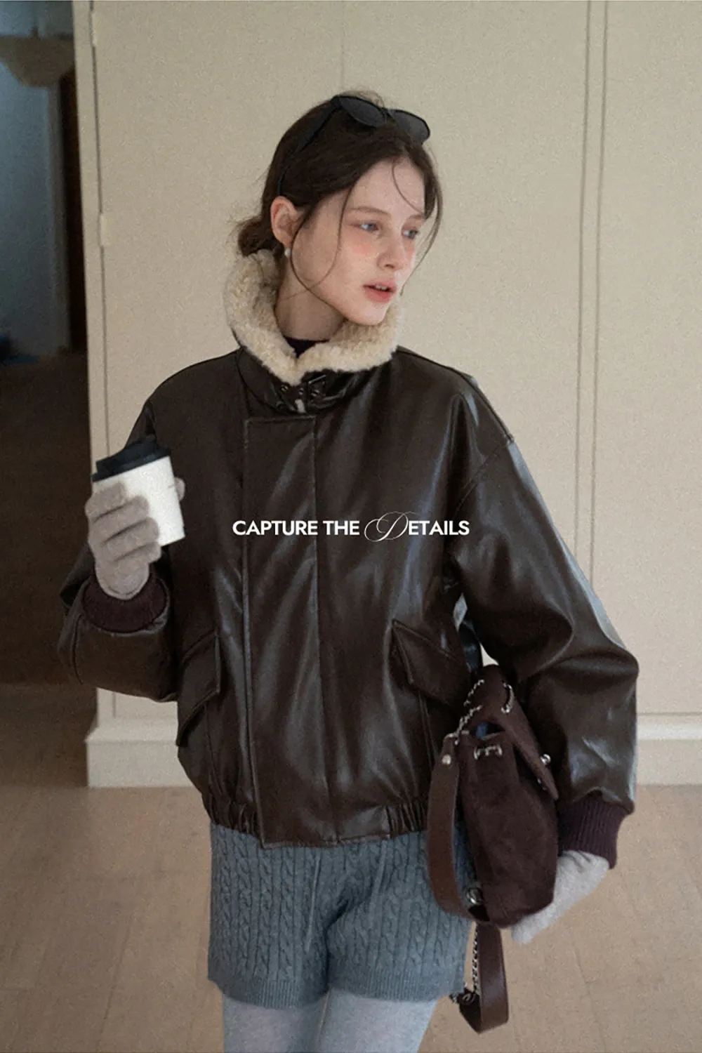 Faux Leather Bomber Jacket with Fur Collar