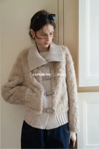 Collar Knit Patchwork Faux Shearling Coat