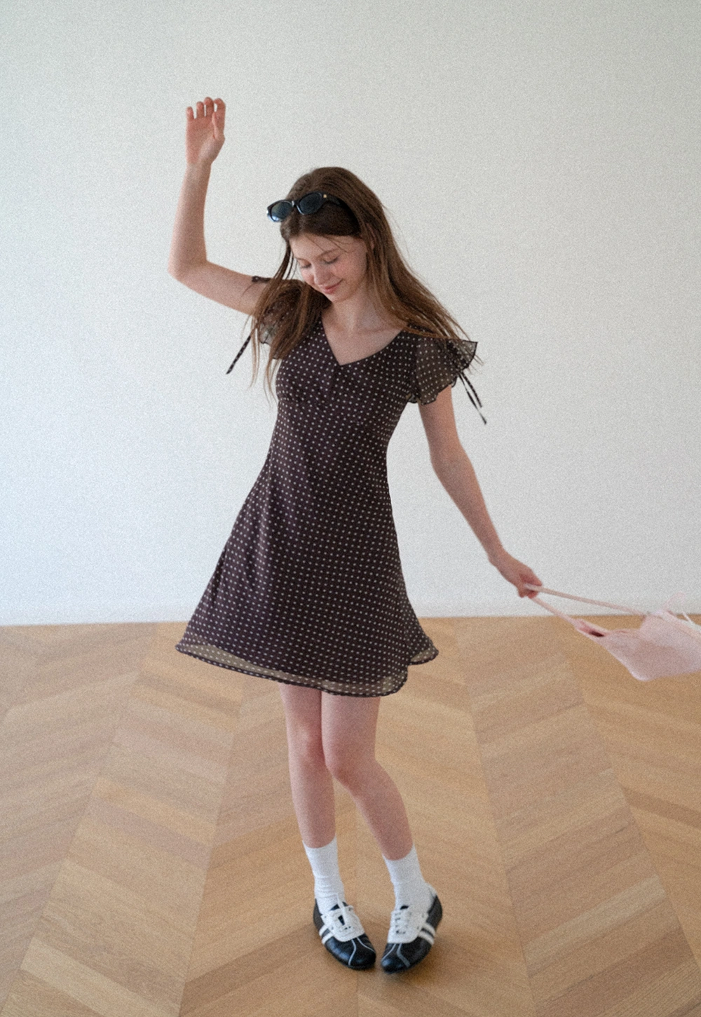 Polka Dot V Neck Tie Sleeve A Line Dress