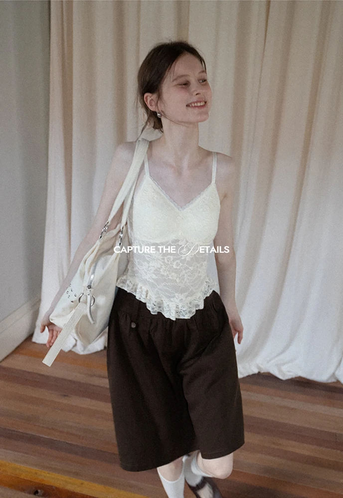 lace frill cami レディース Argeousgor Women Y2k Ruched Ruffle Top Spaghetti Strap