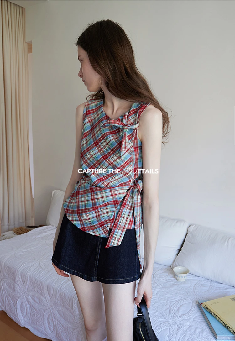 Plaid Sleeveless Top with Side Tie