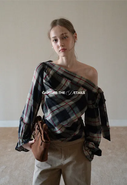 Womens Plaid Off Shoulder Tie Blouse