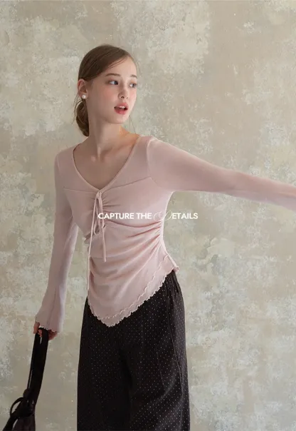 Ruched V Neck Long Sleeve Top