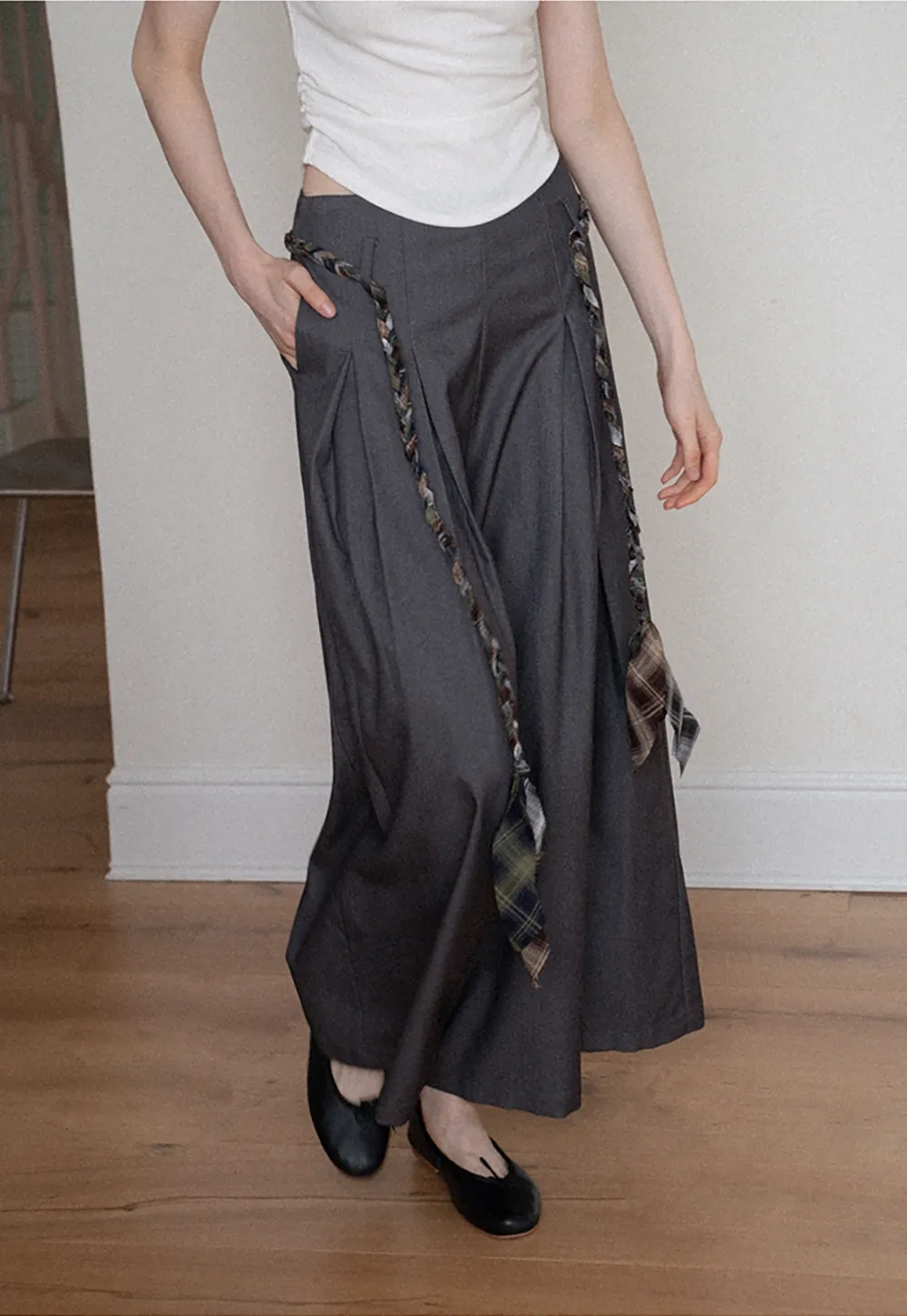 Women's Wide Leg Pleated Pants with Braided Ties