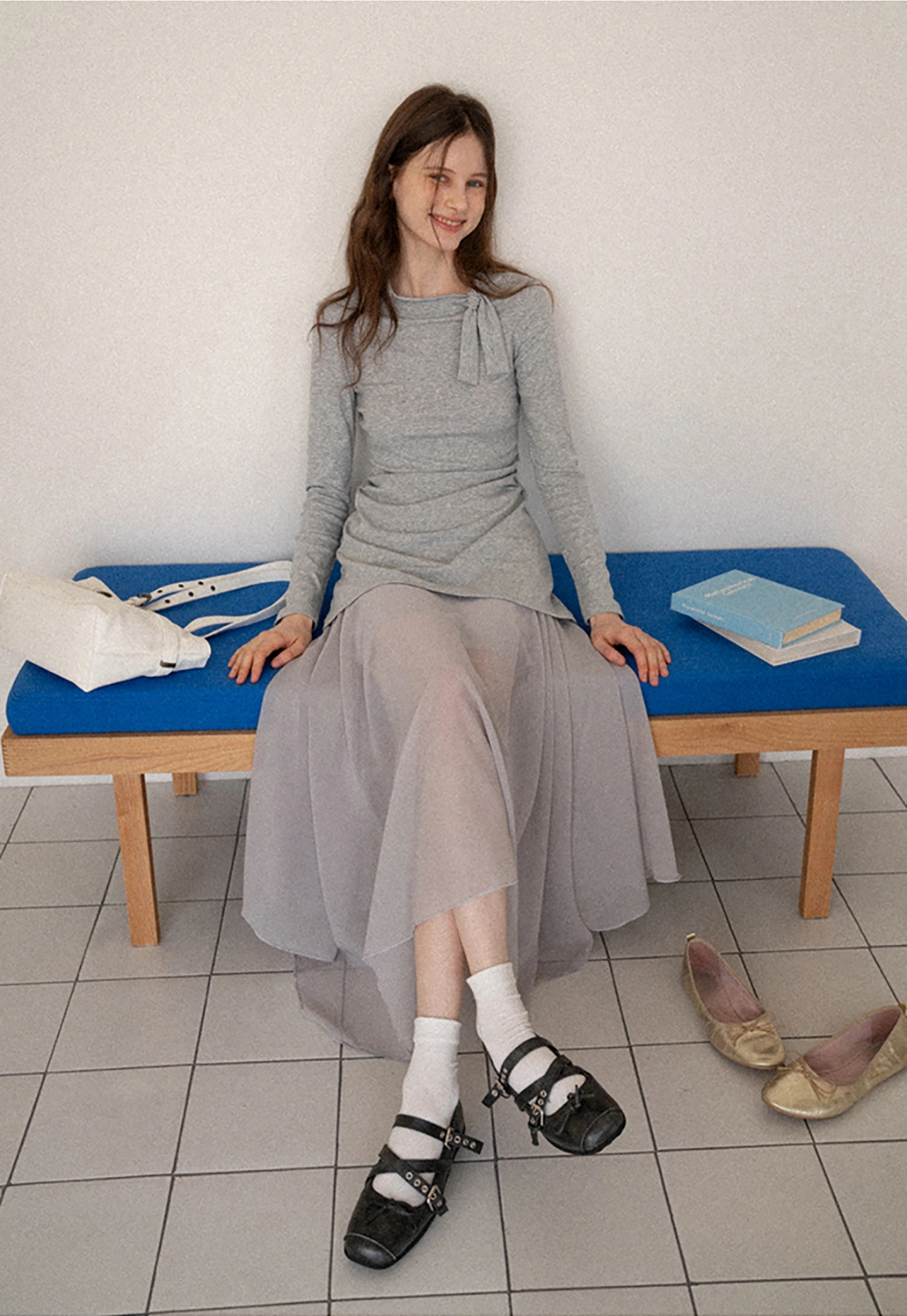 Tie Neck Long Sleeve Top and Asymmetrical Chiffon Skirt Set