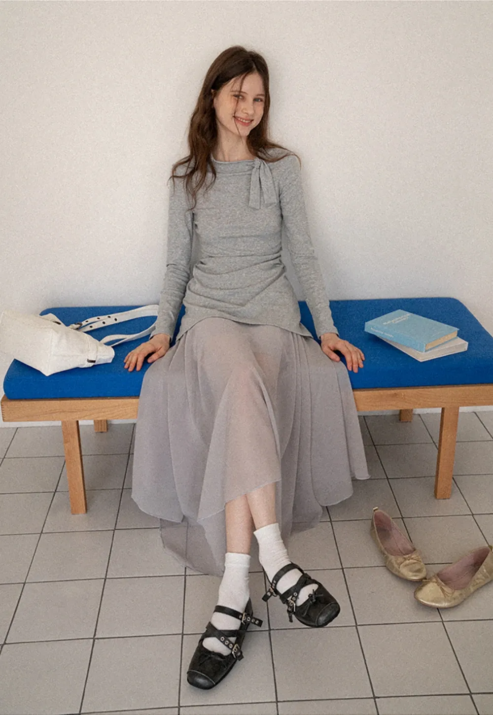 Tie Neck Long Sleeve Top and Asymmetrical Chiffon Skirt Set