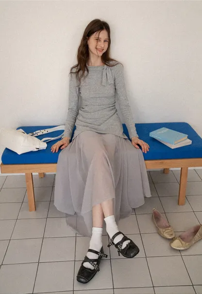 Tie Neck Long Sleeve Top and Asymmetrical Chiffon Skirt Set