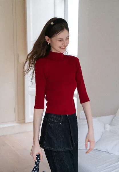 Women's Half Sleeve Mock Neck Knit Top