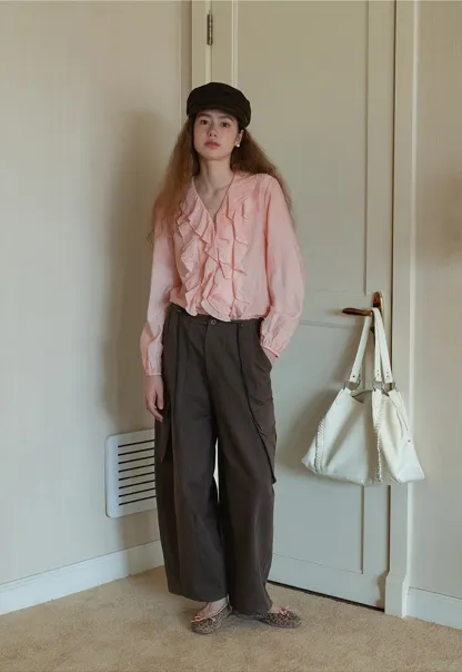 Womens Ruffle Chiffon Long Sleeve Blouse