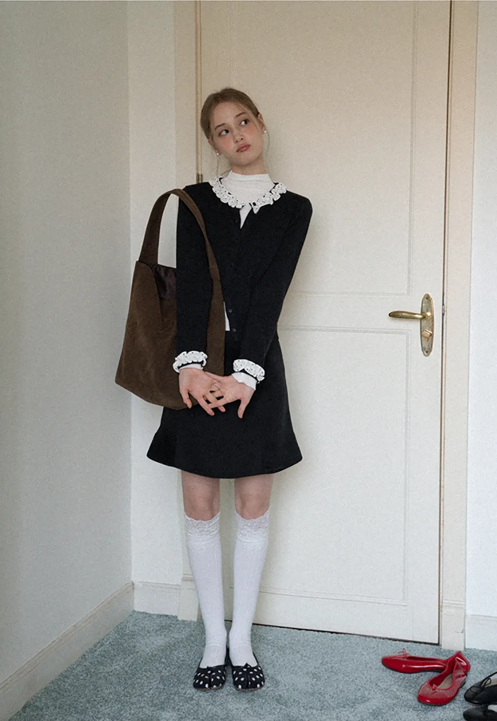 Ruffle Trim Button Down Knit Cardigan