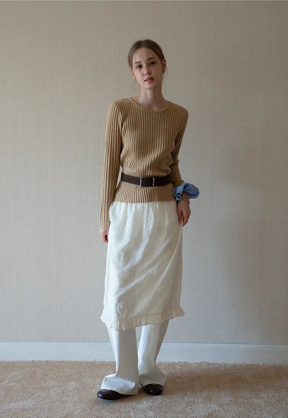 Womens Ribbed Crew Neck Long Sleeve Knit Top