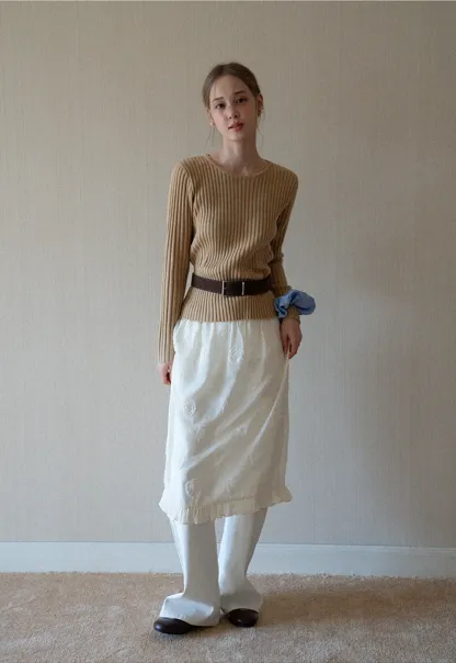 Womens Ribbed Crew Neck Long Sleeve Knit Top