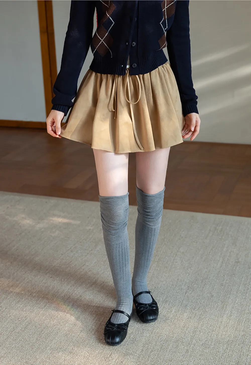 Womens Khaki Drawstring High Waist Pleated Mini Skirt