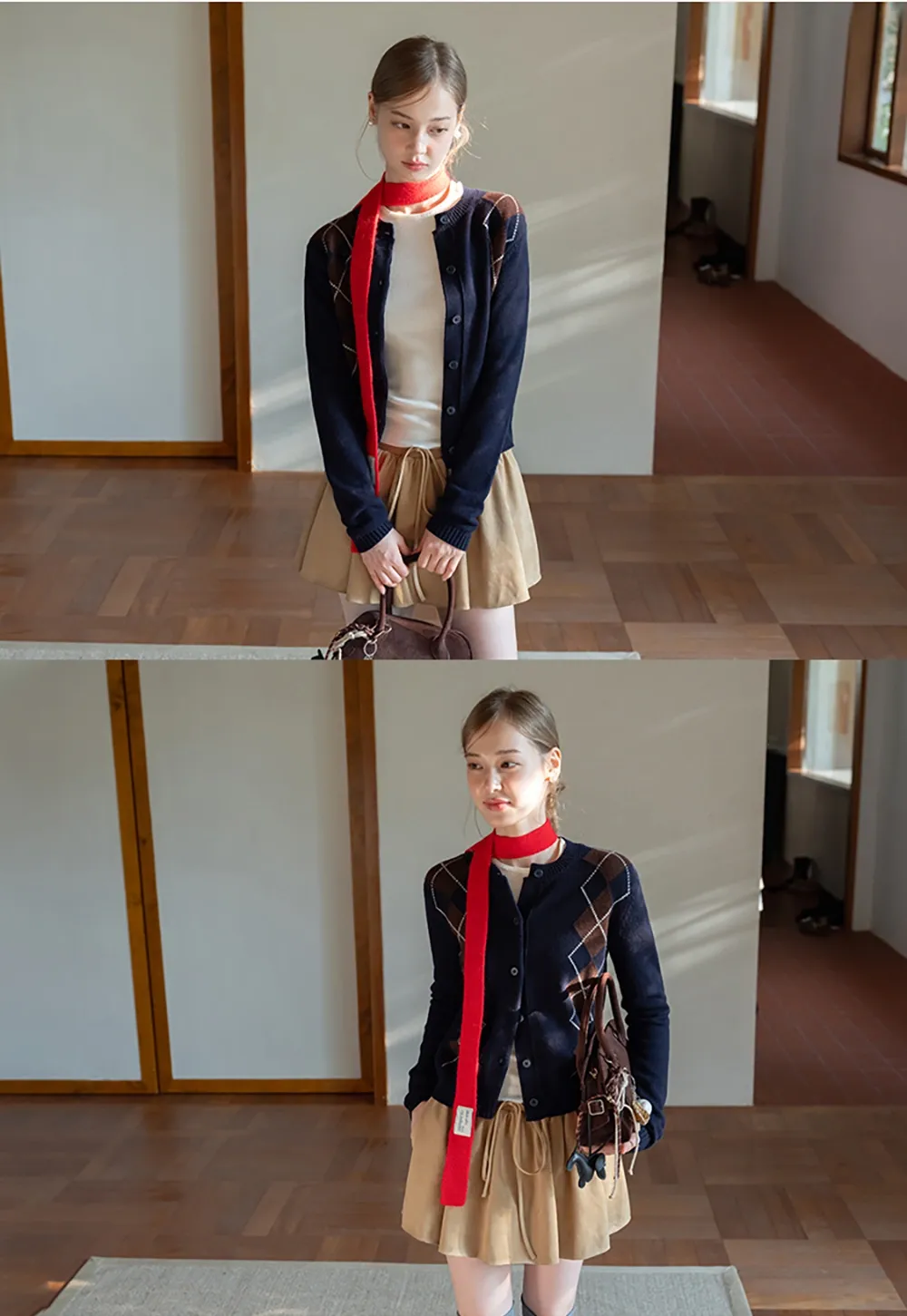 Womens Argyle Knit Cardigan Sweater Button Down Long Sleeve