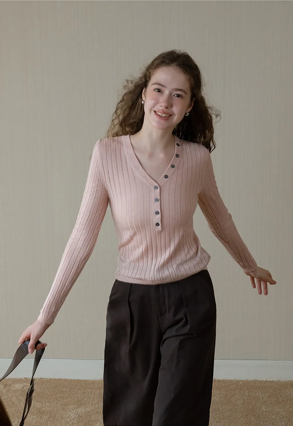 Ribbed Knit V-Neck Top with Slanted Button Detail