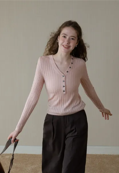 Ribbed Knit V-Neck Top with Slanted Button Detail