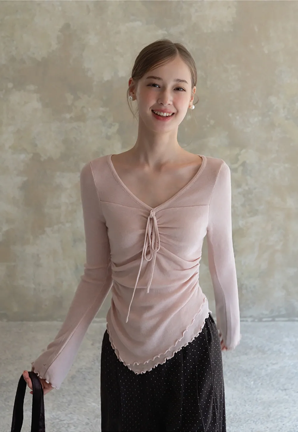 Ruched V Neck Long Sleeve Top