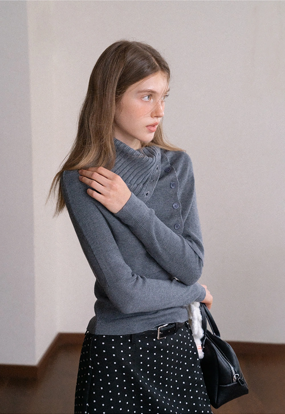 Long Sleeve Knit Top with Button Collar