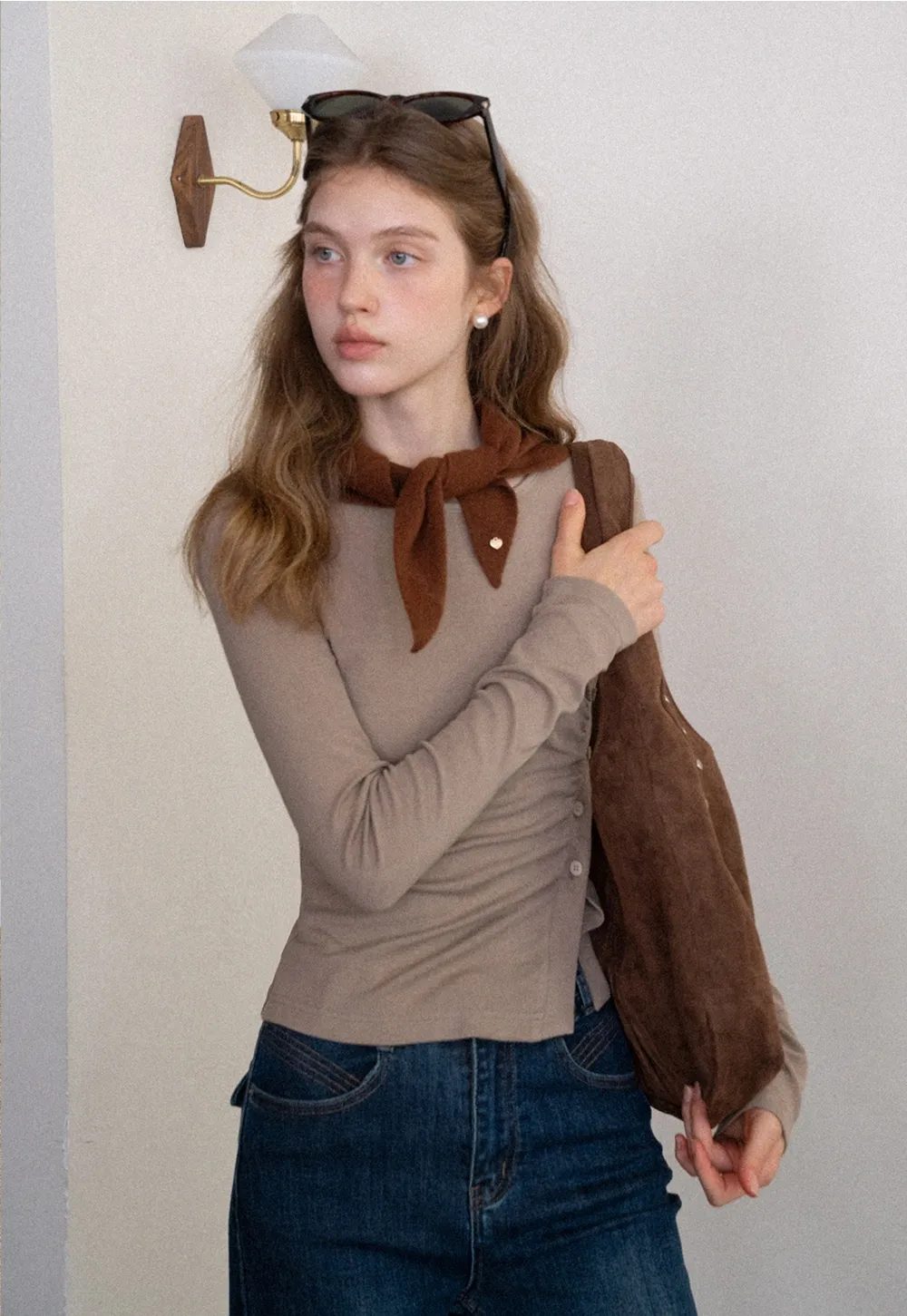 Crew Neck Long Sleeve Button Accent Top