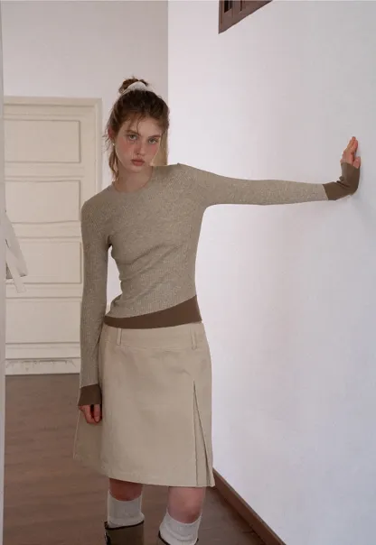 Womens Colorblock Ribbed Knit Long Sleeve Top