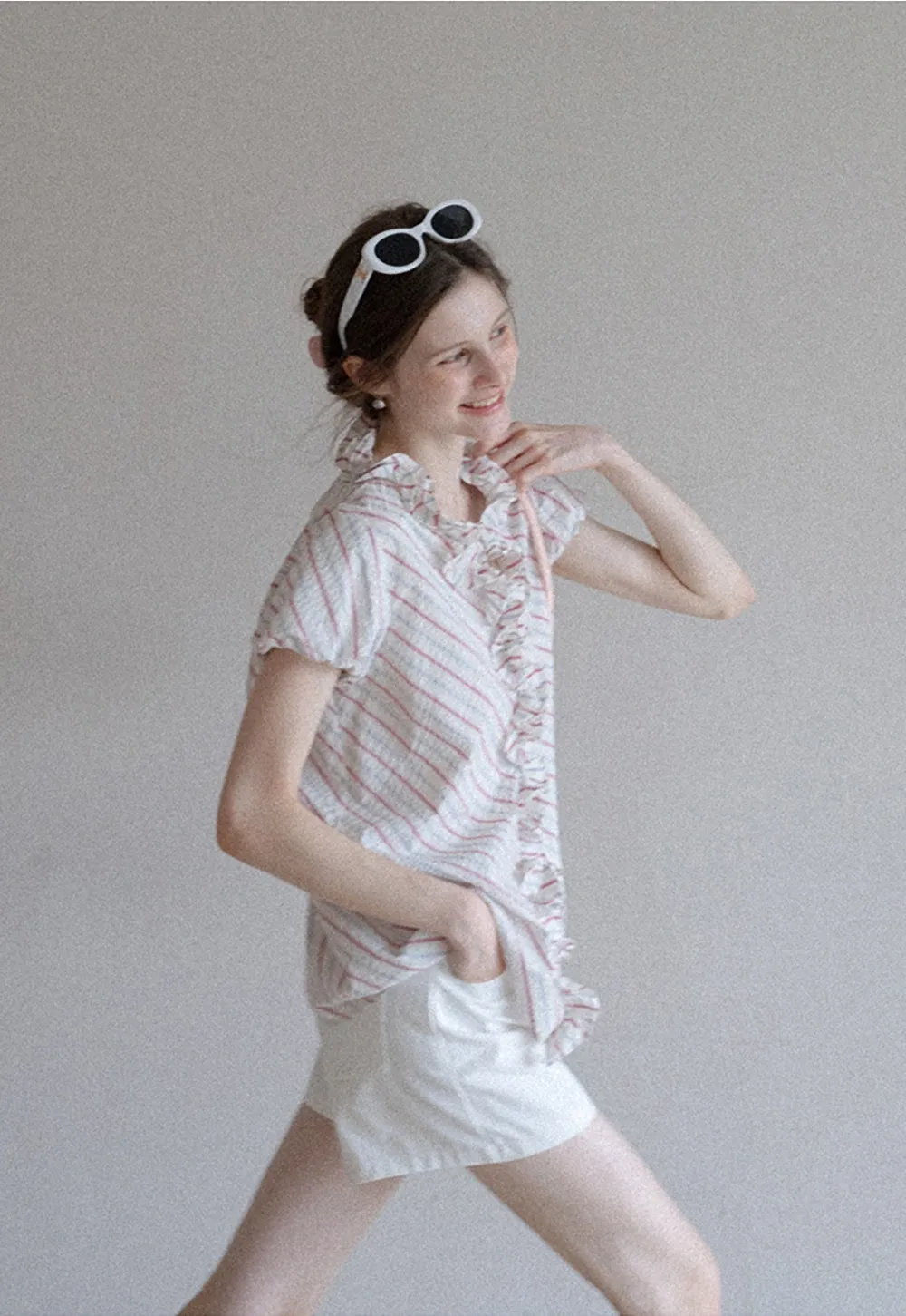Women’s Ruffle Trim Striped Short Sleeve Blouse