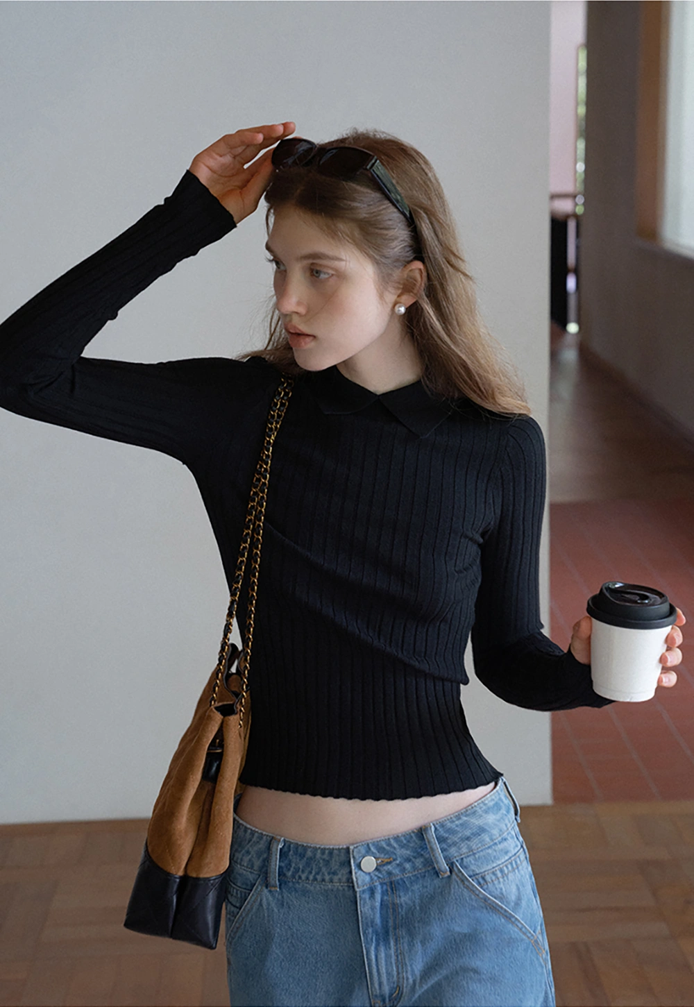 Women Classic Ribbed Knit Polo Long Sleeve