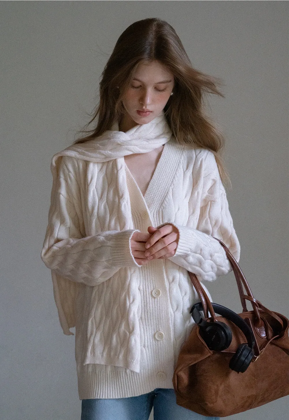 Womens Cable Knit Cardigan Sweater with Matching Scarf