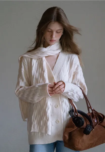 Womens Cable Knit Cardigan Sweater with Matching Scarf