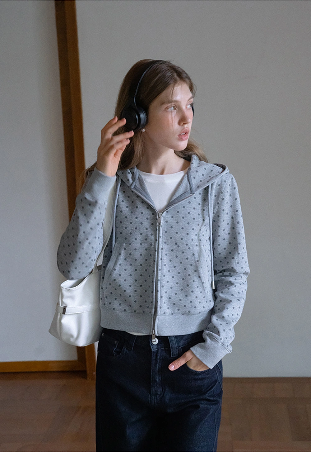 Womens Casual Polka Dot Zip-Up Hoodie