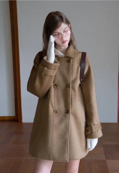 Elegant Double-Breasted Trench Style Wool Coat