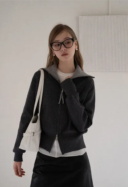 Women’s Zip-Up Knit Cardigan with High Collar