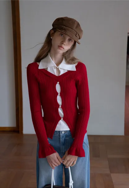 Womens Contrast Collar Cutout Knit Cardigan