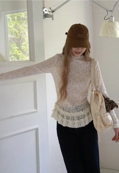 Women High Neck Long Sleeve Lace Top with Layered Ruffle Hem