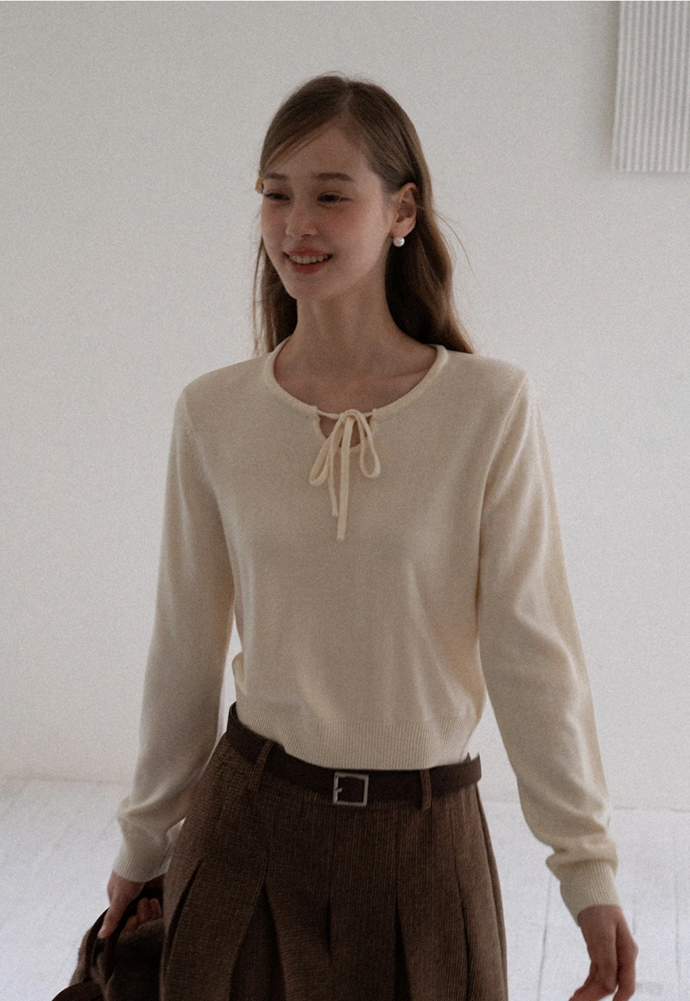 Women Sweet Style Bow Tie Long Sleeve Knitwear