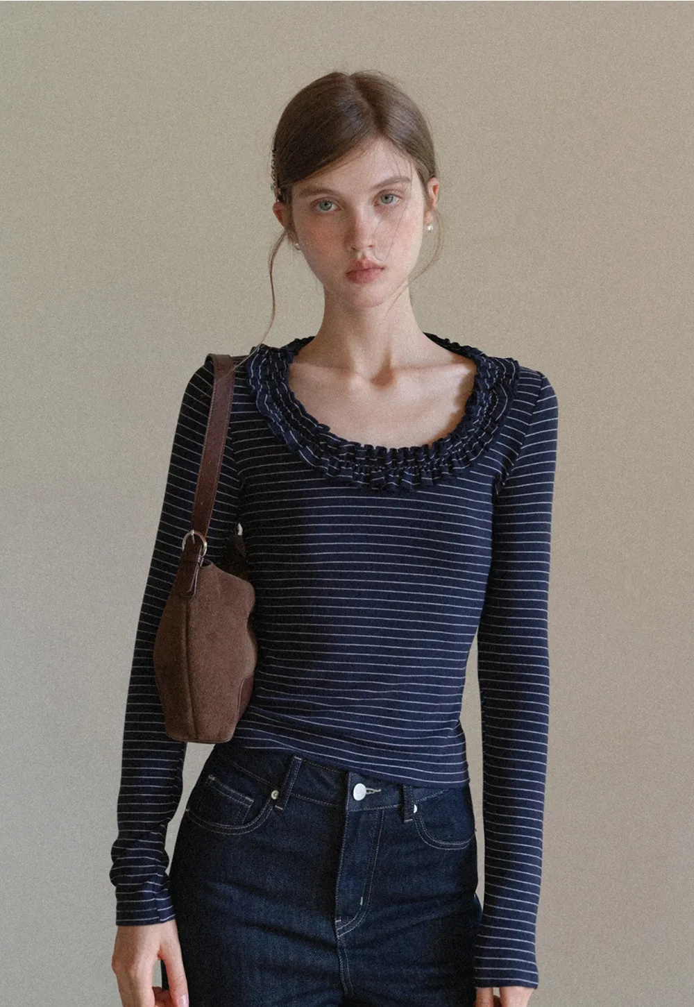 Women Striped Long Sleeve Tee with Ruffled Neckline