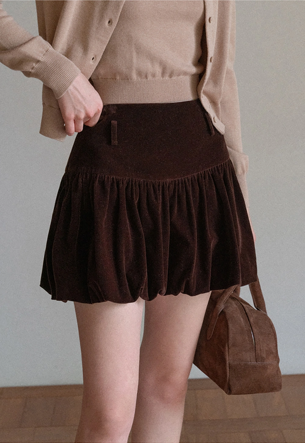 Women Velvet Bubble Hem Mini Skirt High Waist