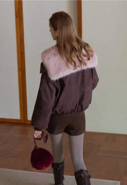 Women Fuzzy Collar Suede Jacket Warm Outerwear