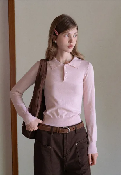 Women Soft Knit Polo Sweater Long Sleeve Pullover