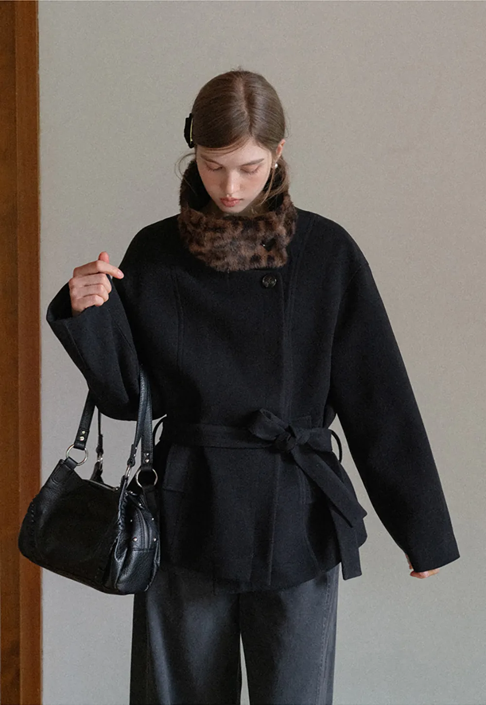 Faux Fur Trim Belted Wool Coat