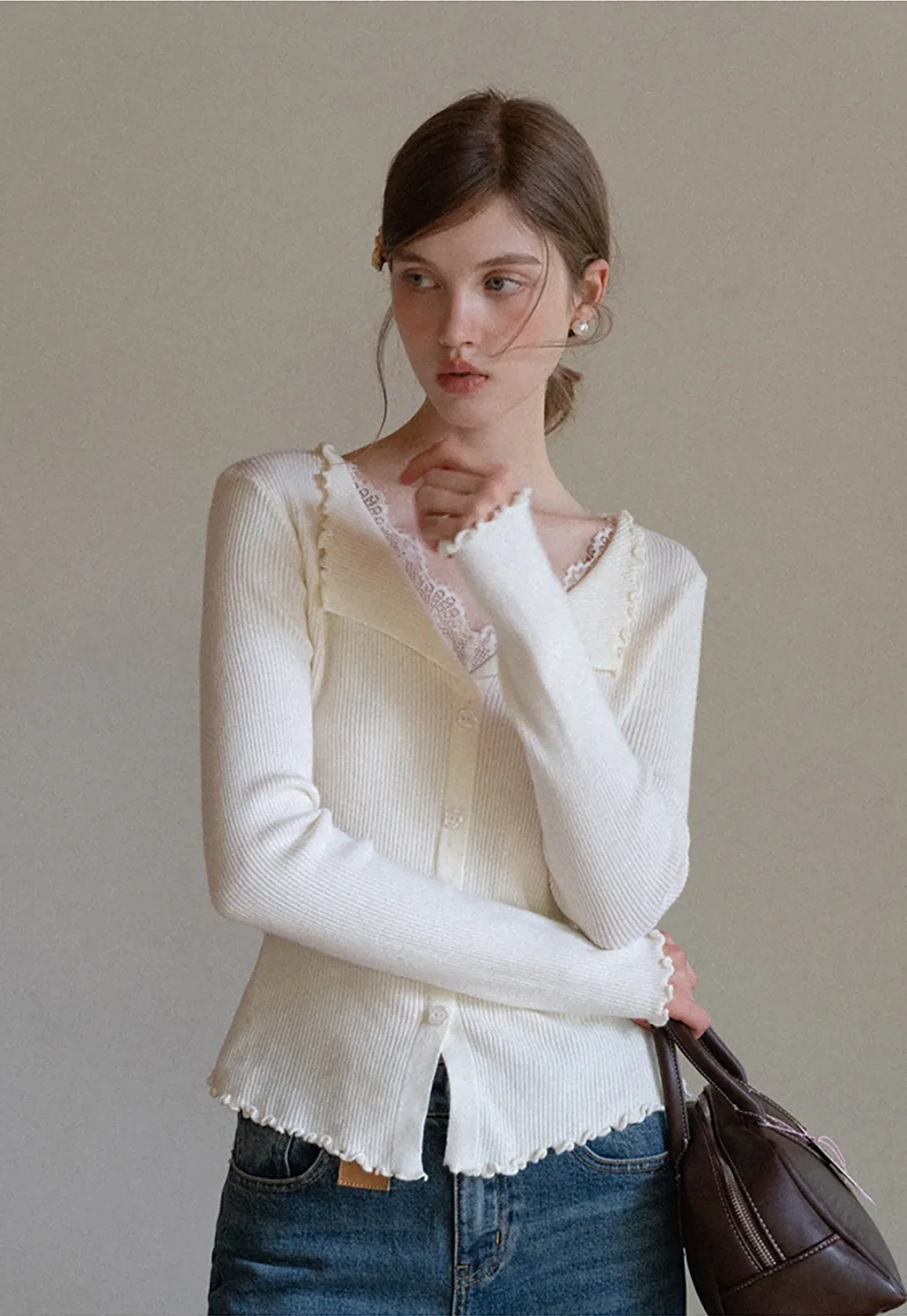 Lace Trim Ribbed Knit Top