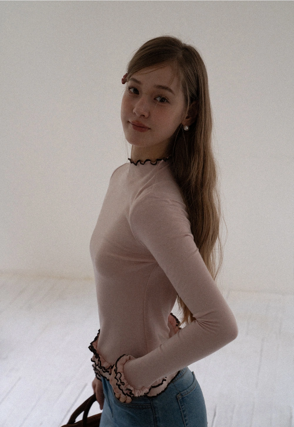 Ruffle Trim Mock Neck Long Sleeve Top