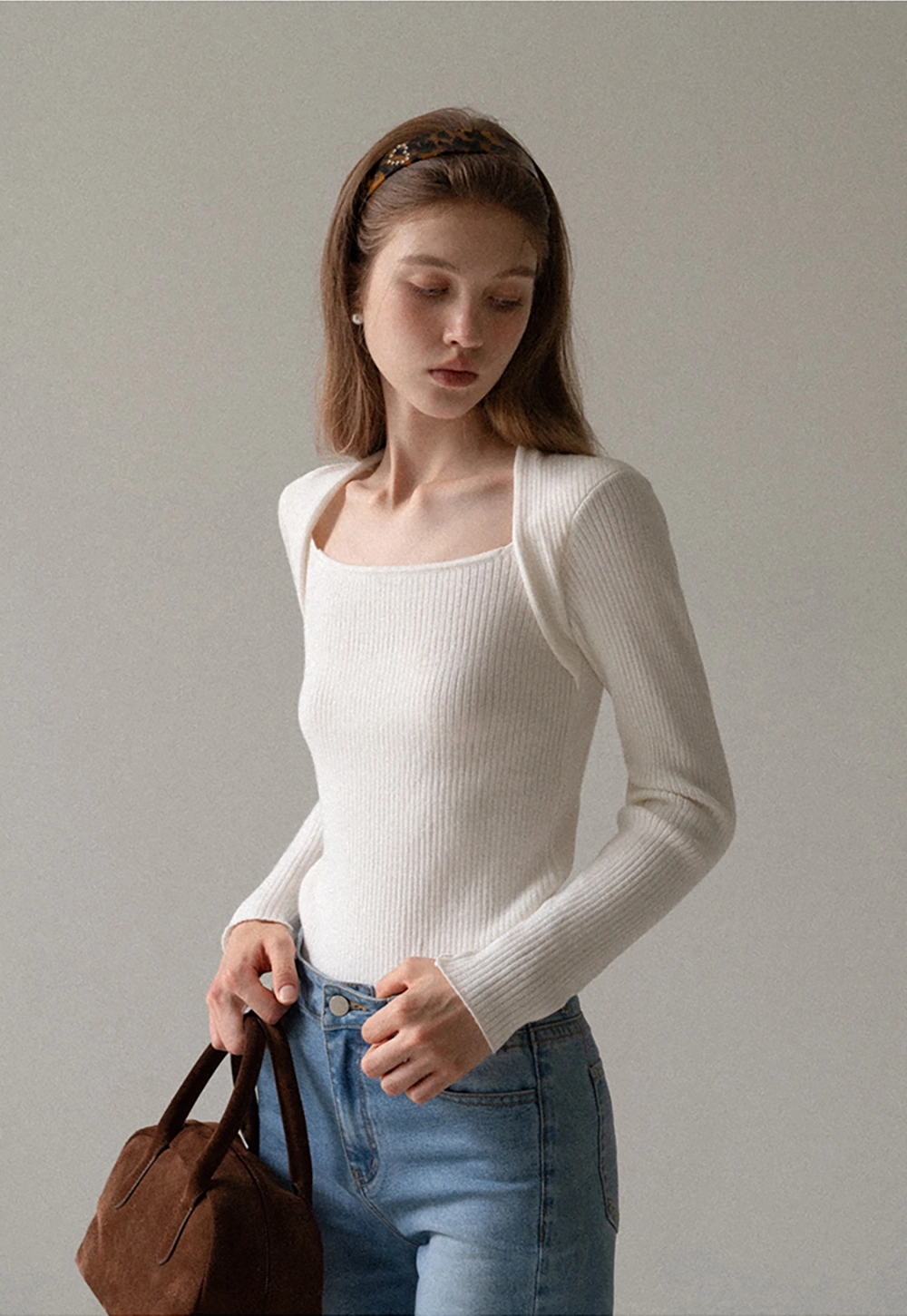 Women Square Neck Ribbed Knit Shrug Top