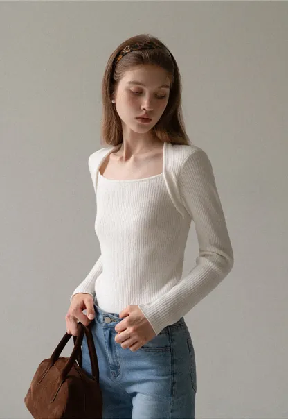 Women Square Neck Ribbed Knit Shrug Top