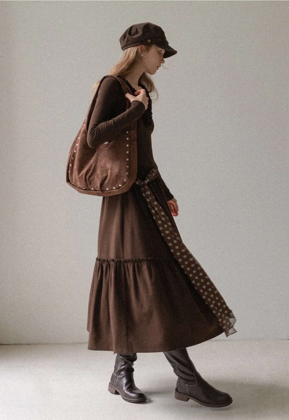 Women Long Sleeve Ruffle Neck Vintage Maxi Dress