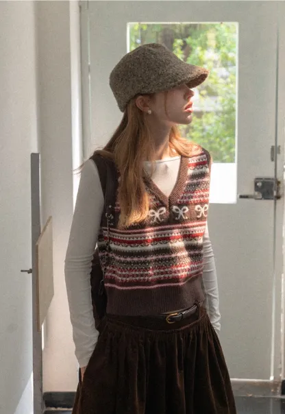 Preppy Bow Pattern V Neck Knit Sweater Vest