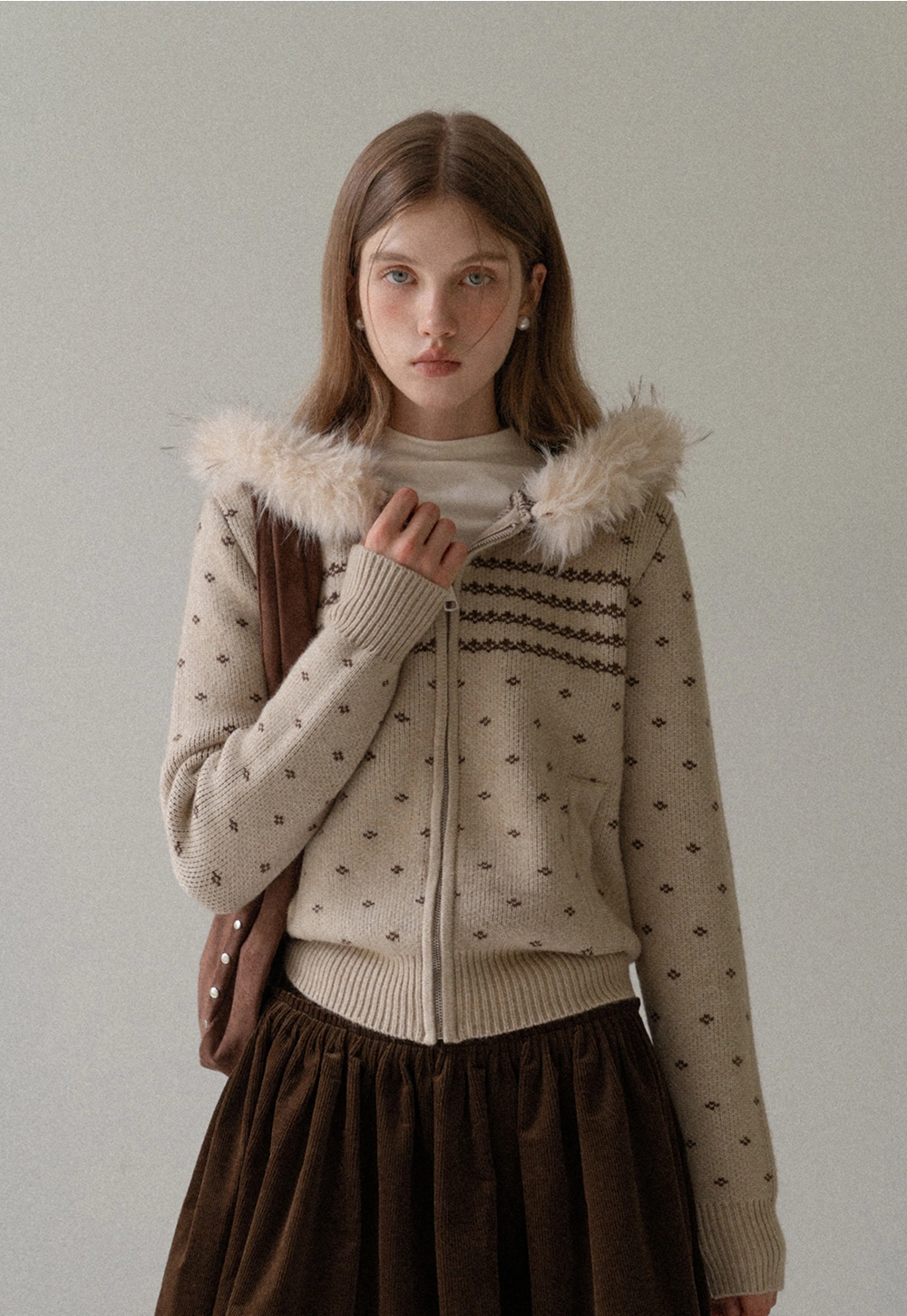 Vintage Knit Hooded Cardigan Women Faux Fur Coat