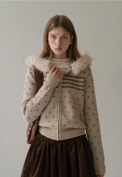 Vintage Knit Hooded Cardigan Women Faux Fur Coat