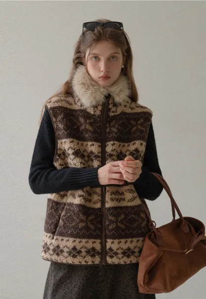 Vintage Fleece Vest Women Zip Up Sherpa Warm