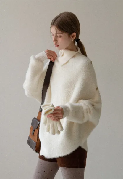 Cozy White Turtleneck Sweater Women Fuzzy Knit Top